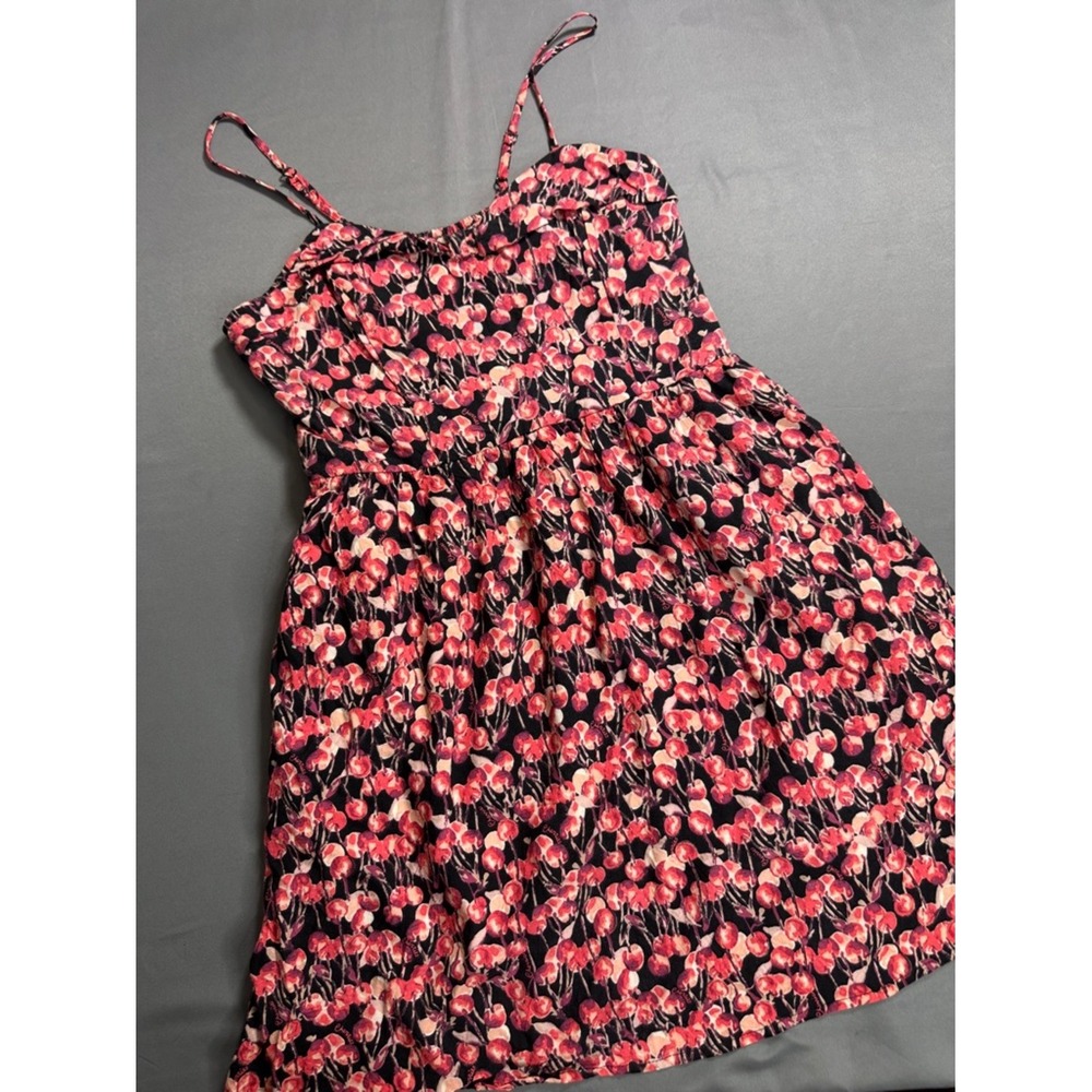 LC Lauren Conrad Cherry Print Mini Dress Pink Red Black Size 10 Smocked Back